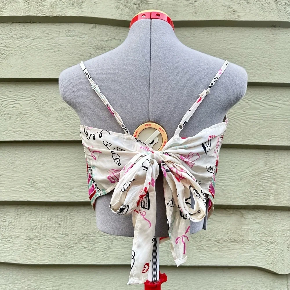 Pink and Cream Coffee Print Self Tie Bandana Top - Picture 2 of 2